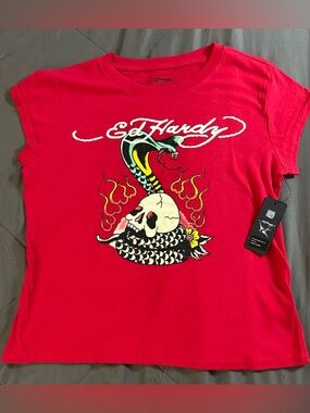 Ed Hardy womens shirt XL Red Graphic Crop Top with Snake and Skull NWT